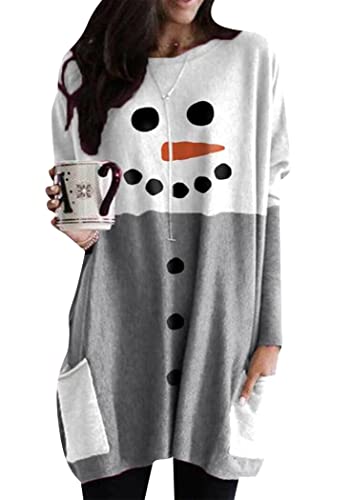 OMZIN Winter Damenmode Rundhalsausschnitt Sweatshirt Plus Size Pullover Weihnachten Lose Weihnachten Print Top Grau Schneemann M von OMZIN