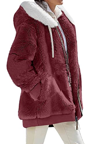 OMZIN Winter Einfarbig Plüsch Strickjacke Einfach Lässig Warmer Mantel Mit Kapuze Basic Plüschjacke Für Frauen Reines Rot L von OMZIN