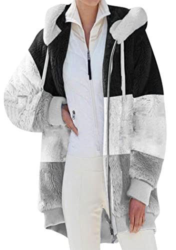 OMZIN Winter Hooded Pocket Cardigan Übergröße Einfache Farbe Blocking Jacke Lose Basic Für Frauen Casual Jacke Weiß Schwarz 4XL von OMZIN