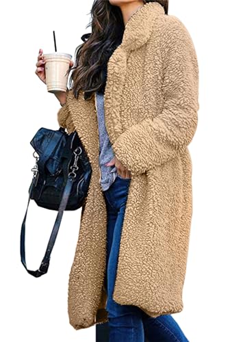 OMZIN Damen Wintermantel Warme Teddy Fleece Jacke Mit Reverskragen Dicke Jacke Lange Plüsch Jacke Winddicht Blazer Winter Strickjacke Camel M von OMZIN