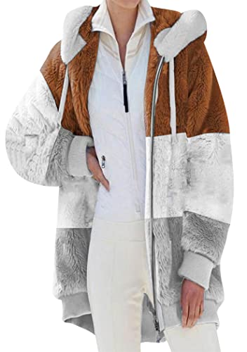 OMZIN Winter Warme Farbe Blocking Jacke Lose Kapuze Zip Jacke Plüsch Farbe Blocking Übergröße Jacke Für Frauen Weiß Karamell M von OMZIN