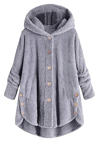 OMZIN Wintermantel Damen Plüschmantel Faux Wolle Winterjacken Lose Warme Button Down Einfarbig Plüschjacke mit Kapuze Teddy-Fleece Langarm Outwear Hell Grau M von OMZIN