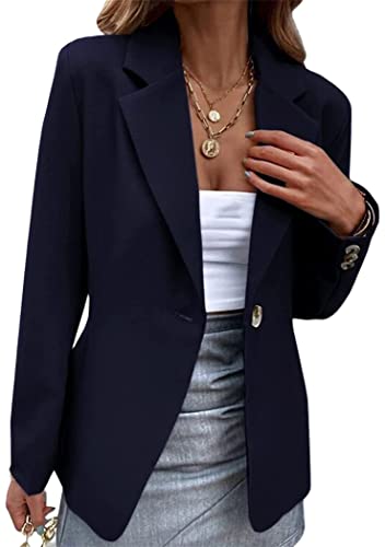 OMZIN Women's Solid Color EIN Knopf Revers Blazer Open Front Anzug Knopf Slim Arbeit Büro Jacke Marineblau L von OMZIN