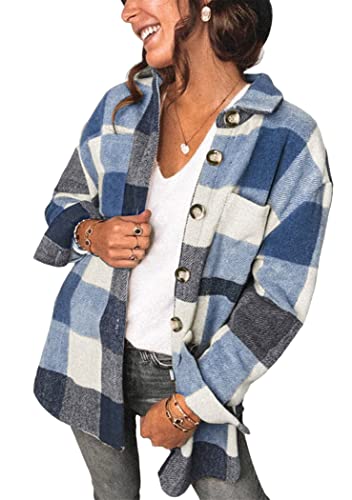 OMZIN Damen Plaid Button Down Bluse Long Roll Up Sleeve Jacke Casual Top Mit Tasche Blau L von OMZIN