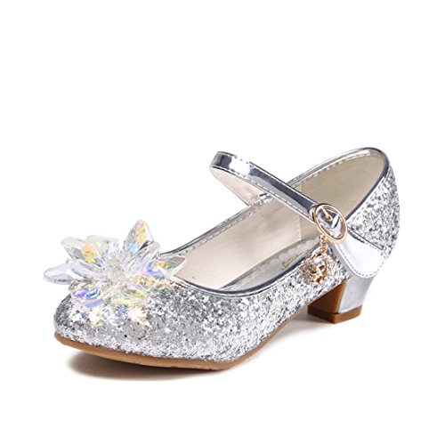 ON Prinzessin Schuhe mit Absatz Mädchen Ballerina Schuhe Pailletten Festlich für Kinder Kristall Schuhe, Farbe: Silber, Size 29 von O&N