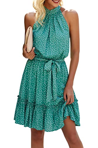 ONAYEYO Damen Blumen Kurz Sommerkleid Ärmellos Halter Neck Strandkleid Rüsche Sommer Boho Kleider mit Gürtel Polka Dot Leopardenmuster Minikleid (L, Grüne Tupfen) von ONAYEYO