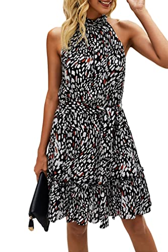 ONAYEYO Damen Blumen Kurz Sommerkleid Ärmellos Halter Neck Strandkleid Rüsche Sommer Boho Kleider mit Gürtel Polka Dot Leopardenmuster Minikleid (L, Schwarz) von ONAYEYO