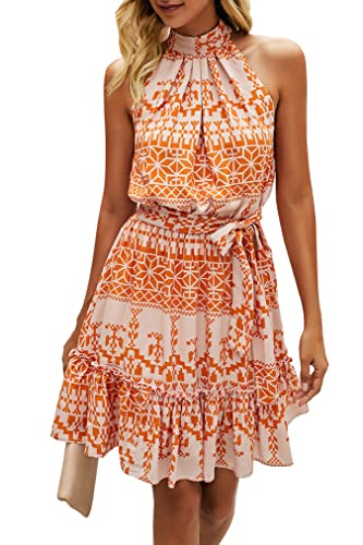 ONAYEYO Damen Blumen Kurz Sommerkleid Ärmellos Halter Neck Strandkleid Rüsche Sommer Boho Kleider mit Gürtel Polka Dot Leopardenmuster Minikleid (M, Orange) von ONAYEYO