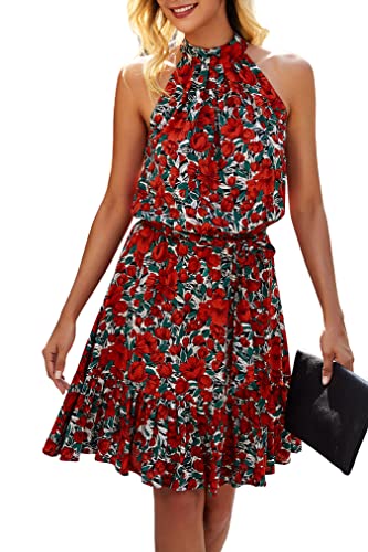 ONAYEYO Damen Blumen Kurz Sommerkleid Ärmellos Halter Neck Strandkleid Rüsche Sommer Boho Kleider mit Gürtel Polka Dot Leopardenmuster Minikleid (M, Rote Blume) von ONAYEYO