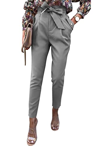 ONAYEYO Damen Casual High Waist Hose Einfarbig Elegant Lang Hosen Elastische Taille Carpi Hose mit Bogenknoten Taschen (XL, Hellgrau) von ONAYEYO