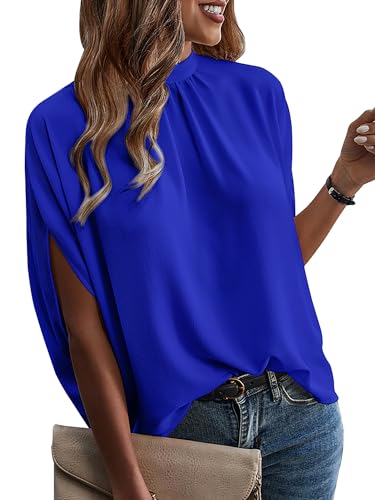 ONAYEYO Damen Elegant Bluse Casual Lose Tunika Shirt Hinten Schnüren Verspotten Nacken Dolman-Ärmel Oberteil T Shirt Sommer Einfarbig Top (L, Blau) von ONAYEYO