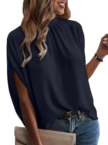 ONAYEYO Damen Elegant Bluse Casual Lose Tunika Shirt Hinten Schnüren Verspotten Nacken Dolman-Ärmel Oberteil T Shirt Sommer Einfarbig Top (L, Dunkelblau) von ONAYEYO