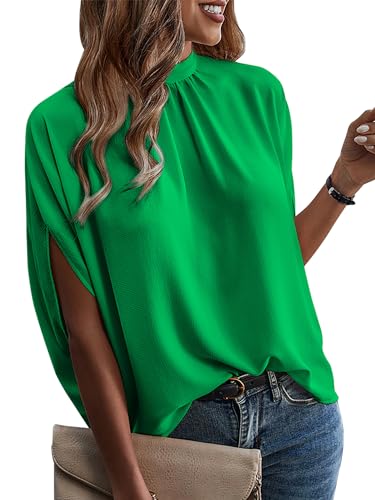 ONAYEYO Damen Elegant Bluse Casual Lose Tunika Shirt Hinten Schnüren Verspotten Nacken Dolman-Ärmel Oberteil T Shirt Sommer Einfarbig Top (L, Grün) von ONAYEYO