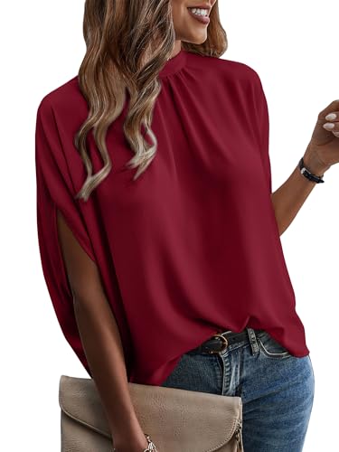 ONAYEYO Damen Elegant Bluse Casual Lose Tunika Shirt Hinten Schnüren Verspotten Nacken Dolman-Ärmel Oberteil T Shirt Sommer Einfarbig Top (L, Weinrot) von ONAYEYO