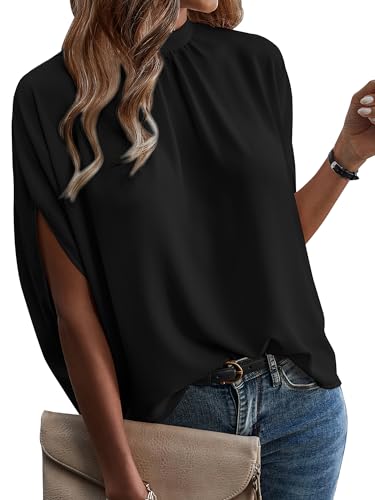 ONAYEYO Damen Elegant Bluse Casual Lose Tunika Shirt Hinten Schnüren Verspotten Nacken Dolman-Ärmel Oberteil T Shirt Sommer Einfarbig Top (M, Schwarz) von ONAYEYO