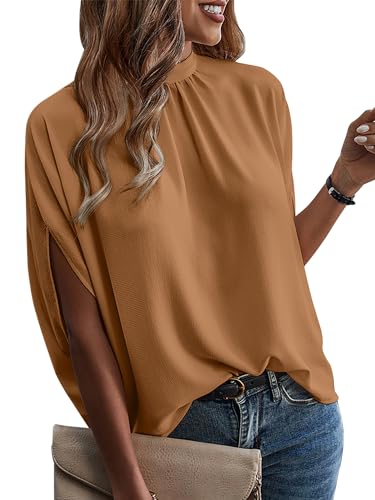 ONAYEYO Damen Elegant Bluse Casual Lose Tunika Shirt Hinten Schnüren Verspotten Nacken Dolman-Ärmel Oberteil T Shirt Sommer Einfarbig Top (S, Hellbraun) von ONAYEYO