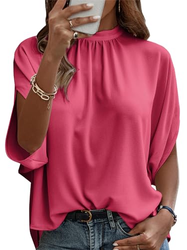 ONAYEYO Damen Elegant Bluse Casual Lose Tunika Shirt Hinten Schnüren Verspotten Nacken Dolman-Ärmel Oberteil T Shirt Sommer Einfarbig Top (S, Wassermelonenrot) von ONAYEYO