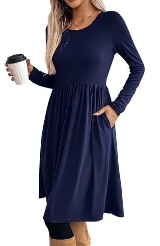 ONAYEYO Damen Herbst Elegant Rundkragen Langarm Knielang Kleid Casual Lose Tunika Kleider Empire-Taille Abendkleid Einfarbig Basic Freizeitkleid Blusenkleid mit Taschen (S, Dunkelblau) von ONAYEYO