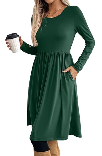 ONAYEYO Damen Herbst Elegant Rundkragen Langarm Knielang Kleid Casual Lose Tunika Kleider Empire-Taille Abendkleid Einfarbig Basic Freizeitkleid Blusenkleid mit Taschen (S, Dunkelgrün) von ONAYEYO