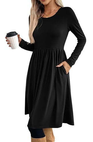 ONAYEYO Damen Herbst Elegant Rundkragen Langarm Knielang Kleid Casual Lose Tunika Kleider Empire-Taille Abendkleid Einfarbig Basic Freizeitkleid Blusenkleid mit Taschen (S, Schwarz) von ONAYEYO