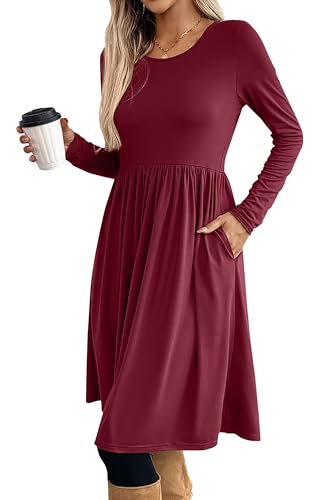 ONAYEYO Damen Herbst Elegant Rundkragen Langarm Knielang Kleid Casual Lose Tunika Kleider Empire-Taille Abendkleid Einfarbig Basic Freizeitkleid Blusenkleid mit Taschen (S, Weinrot) von ONAYEYO