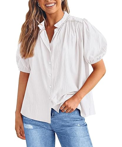 ONAYEYO Damen Sommer Button Down Bluse Oberteil Cute Laterne Kurzarm V-Ausschnitt Blusenshirt Hemden Elegant Einfarbig Baumwolle Blusen Shirt Casual Hemdbluse Top (S, Weiß) von ONAYEYO