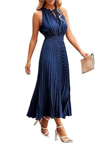 ONAYEYO Damen Sommer Plissee Lang Kleid V Ausschnitt ärmellos Schweizer Punkt Sommerkleid Elegant Hohe Taille Abendkleid Midikleid Casual Einfarbig Strandkleid (M, Dunkelblau) von ONAYEYO