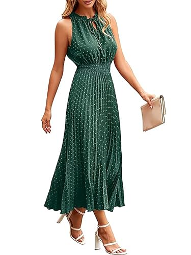 ONAYEYO Damen Sommer Plissee Lang Kleid V Ausschnitt ärmellos Schweizer Punkt Sommerkleid Elegant Hohe Taille Abendkleid Midikleid Casual Einfarbig Strandkleid (M, Dunkelgrün) von ONAYEYO