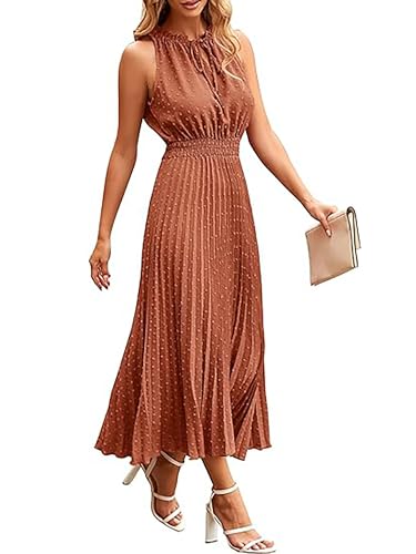 ONAYEYO Damen Sommer Plissee Lang Kleid V Ausschnitt ärmellos Schweizer Punkt Sommerkleid Elegant Hohe Taille Abendkleid Midikleid Casual Einfarbig Strandkleid (M, Ziegelrot) von ONAYEYO