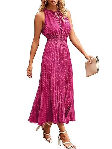 ONAYEYO Damen Sommer Plissee Lang Kleid V Ausschnitt ärmellos Schweizer Punkt Sommerkleid Elegant Hohe Taille Abendkleid Midikleid Casual Einfarbig Strandkleid (S, Rose Rot) von ONAYEYO