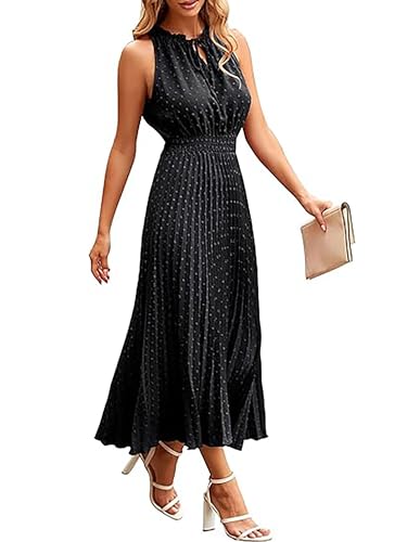 ONAYEYO Damen Sommer Plissee Lang Kleid V Ausschnitt ärmellos Schweizer Punkt Sommerkleid Elegant Hohe Taille Abendkleid Midikleid Casual Einfarbig Strandkleid (XL, Schwarz) von ONAYEYO