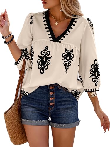 ONAYEYO Damen V-Ausschnitt 3/4 Ärmel Bluse Oberteile Elegant Retro Blusenshirt Tunika Sommer Lässig Gedruckt T Shirt Tops (S, Aprikose-Schwarz) von ONAYEYO