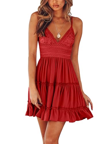 ONAYEYO Kleider Damen Sommer V Ausschnitt Trägerkleid Kurz Sommerkleid Sexy Hinten-Schnüren Schleife Rückenfrei Spitzenkleid Strandkleid Einfarbig Schwingen Skaterkleid Minikleid (L, Rot) von ONAYEYO