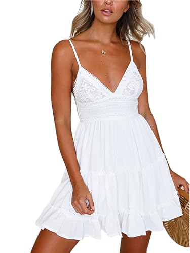 ONAYEYO Kleider Damen Sommer V Ausschnitt Trägerkleid Kurz Sommerkleid Sexy Hinten-Schnüren Schleife Rückenfrei Spitzenkleid Strandkleid Einfarbig Schwingen Skaterkleid Minikleid (L, Weiß) von ONAYEYO