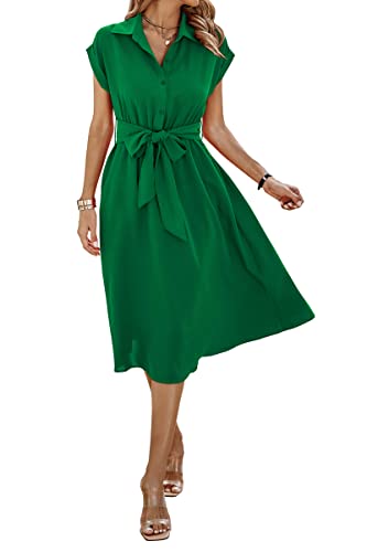 ONAYEYO Sommerkleid Damen Lang Einfarbig Knopf Midikleid Freizeitkleid Sommer V-Ausschnitt Kurzarm Shirt Kleid mit Tasche Elegant Blusenkleid Strandkleid mit Gürtel (L, Grün) von ONAYEYO