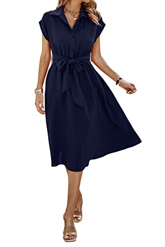 ONAYEYO Sommerkleid Damen Lang Einfarbig Knopf Midikleid Freizeitkleid Sommer V-Ausschnitt Kurzarm Shirt Kleid mit Tasche Elegant Blusenkleid Strandkleid mit Gürtel (M, Dunkelblau) von ONAYEYO