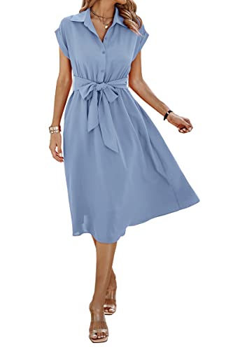 ONAYEYO Sommerkleid Damen Lang Einfarbig Knopf Midikleid Freizeitkleid Sommer V-Ausschnitt Kurzarm Shirt Kleid mit Tasche Elegant Blusenkleid Strandkleid mit Gürtel (M, Hellblau) von ONAYEYO