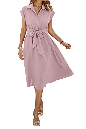 ONAYEYO Sommerkleid Damen Lang Einfarbig Knopf Midikleid Freizeitkleid Sommer V-Ausschnitt Kurzarm Shirt Kleid mit Tasche Elegant Blusenkleid Strandkleid mit Gürtel (M, Hellrosa) von ONAYEYO