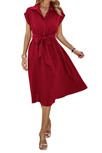 ONAYEYO Sommerkleid Damen Lang Einfarbig Knopf Midikleid Freizeitkleid Sommer V-Ausschnitt Kurzarm Shirt Kleid mit Tasche Elegant Blusenkleid Strandkleid mit Gürtel (M, Rot) von ONAYEYO