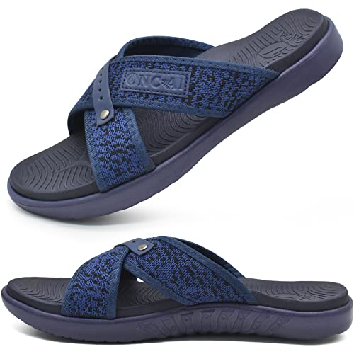 ONCAI Herren Pantoletten Bequem Unterstützung Leicht Atmungsaktiv Kreuz Schieben Dick Kissen Strand Sommer Sandalen für den Innenbereich Blau Größe 43.5 von ONCAI