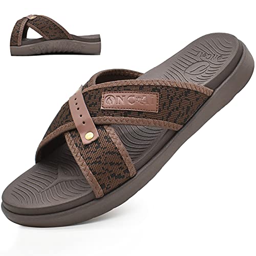 ONCAI Herren Pantoletten Bequem Unterstützung Leicht Atmungsaktiv Kreuz Schieben Dick Kissen Strand Sommer Sandalen für den Innenbereich Braun Größe 43.5 von ONCAI