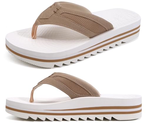 ONCAI 2025 Flip Flops Herren mit Arch Support Sport Erholung Comfy Breite Füße Mesh Sandalen Sommer Beach Surfen Zehentrenner mit Gummisohlen Beige und Weiß EU 44.5 von ONCAI