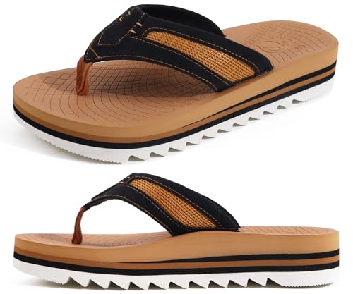 ONCAI 2025 Flip Flops Herren mit Arch Support Sport Erholung Comfy Breite Füße Mesh Sandalen Sommer Beach Surfen Zehentrenner mit Gummisohlen Schwarz und Khaki EU 44.5 von ONCAI