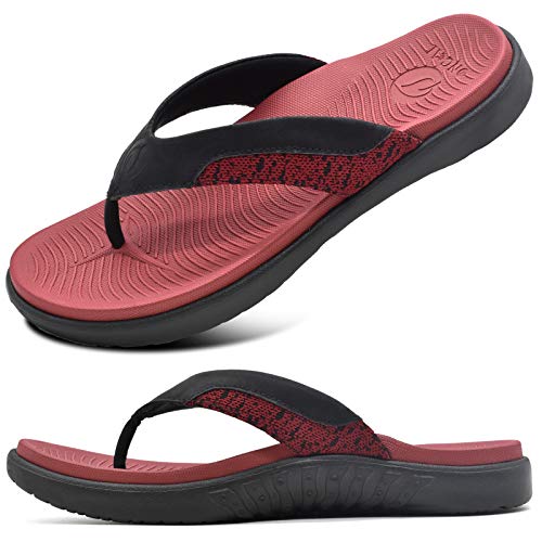 ONCAI Badelatschen Herren Sommer Sport Flip Flops Dusch Schwimmbad Strand Zehentrenner Sandalen Mit Orthopädie Arch Support Gummifußbett Rot Größe 43.5 von ONCAI