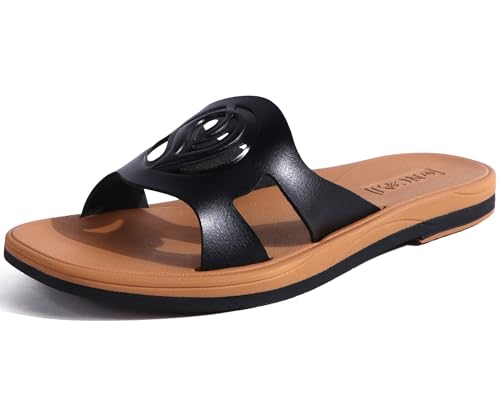 ONCAI Damen Flache Sandalen Mode Quadrat Offene Zehe Slide Lässig Dressy Sandale Cushion Vegan Sommer Walking Outdoor Frauen Sandale Microfiber Rutschfest Gummisohle Schwarz/Khaki Größe EU 41 von ONCAI