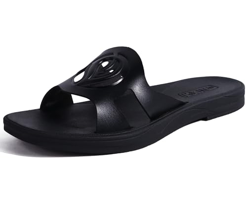 ONCAI Damen Flache Sandalen Mode Quadrat Offene Zehe Slide Lässig Dressy Sandale Cushion Vegan Sommer Walking Outdoor Frauen Sandale Microfiber Rutschfest Gummisohle Schwarz Größe EU 40 von ONCAI