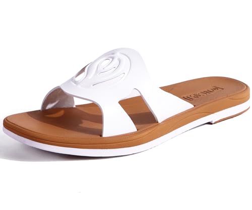 ONCAI Damen Flache Sandalen Mode Quadrat Offene Zehe Slide Lässig Dressy Sandale Cushion Vegan Sommer Walking Outdoor Frauen Sandale Microfiber Rutschfest Gummisohle Weiß/Khaki Größe EU 42 von ONCAI