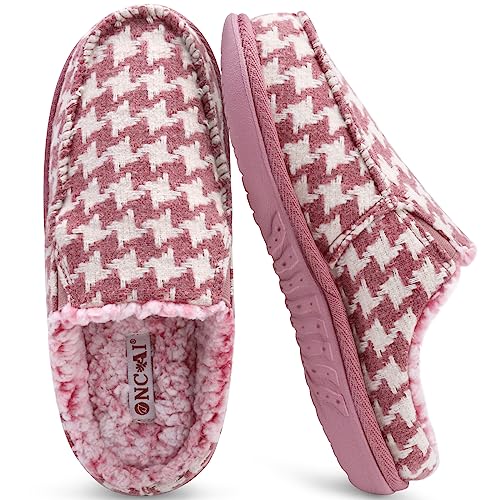 ONCAI Damen Pantoffeln Hahnentritt Baumwolle Hohe Dichte Memory Foam Fußbett Hausschuhe Arch Support Kunstfell Plantar Fasciitis Slippers Slip on Indoor Outdoor Yogamatte Gummisohle Rosa Größe 38.5 von ONCAI