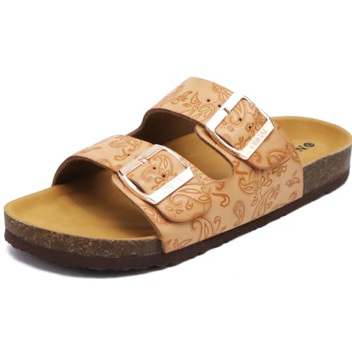 ONCAI Damen Pantoletten Bequeme Hausschuhe mit Kork-Fußbett Suede Kork-Fußbett Sandalen Mit Verstellbarer Rieme Floral Beige EU 39 von ONCAI