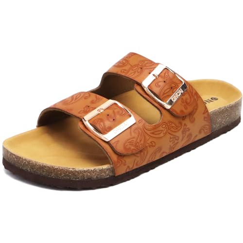 ONCAI Damen Pantoletten Bequeme Hausschuhe mit Kork-Fußbett Suede Kork-Fußbett Sandalen Mit Verstellbarer Rieme Floral Khaki EU 41 von ONCAI